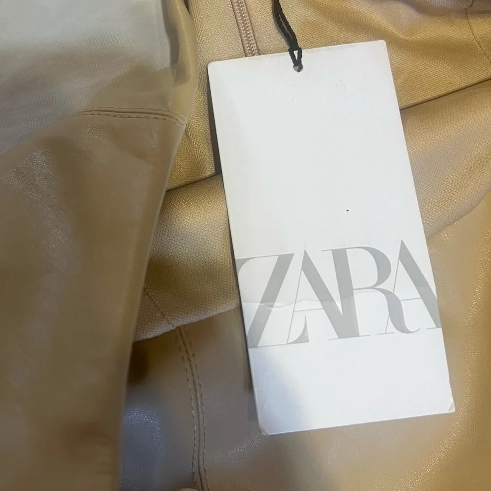 ZARA Faux Leather Strapless Midi Dress Tan Cream Size Med. NWT - Picture 6 of 13